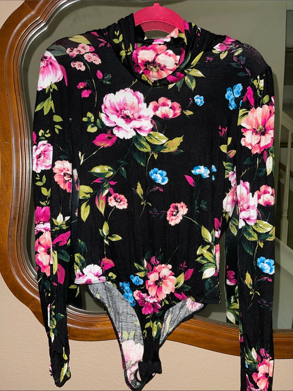 White Birch Floral Mock Neck Long Sleeve Bodysuit - Black/Pink